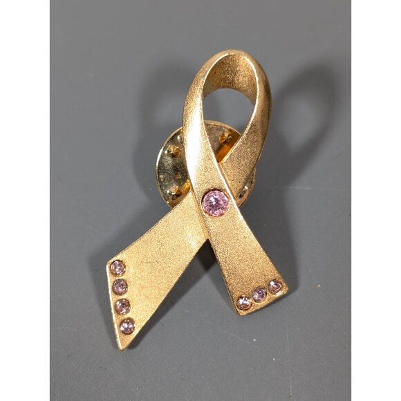 Avon Gold Tone Matte Pink Rhinestone Ribbon Awareness Tack Pin Small Brooch - Picture 3 of 6